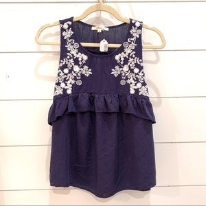 Embroidered Ruffle Navy Tank Blouse